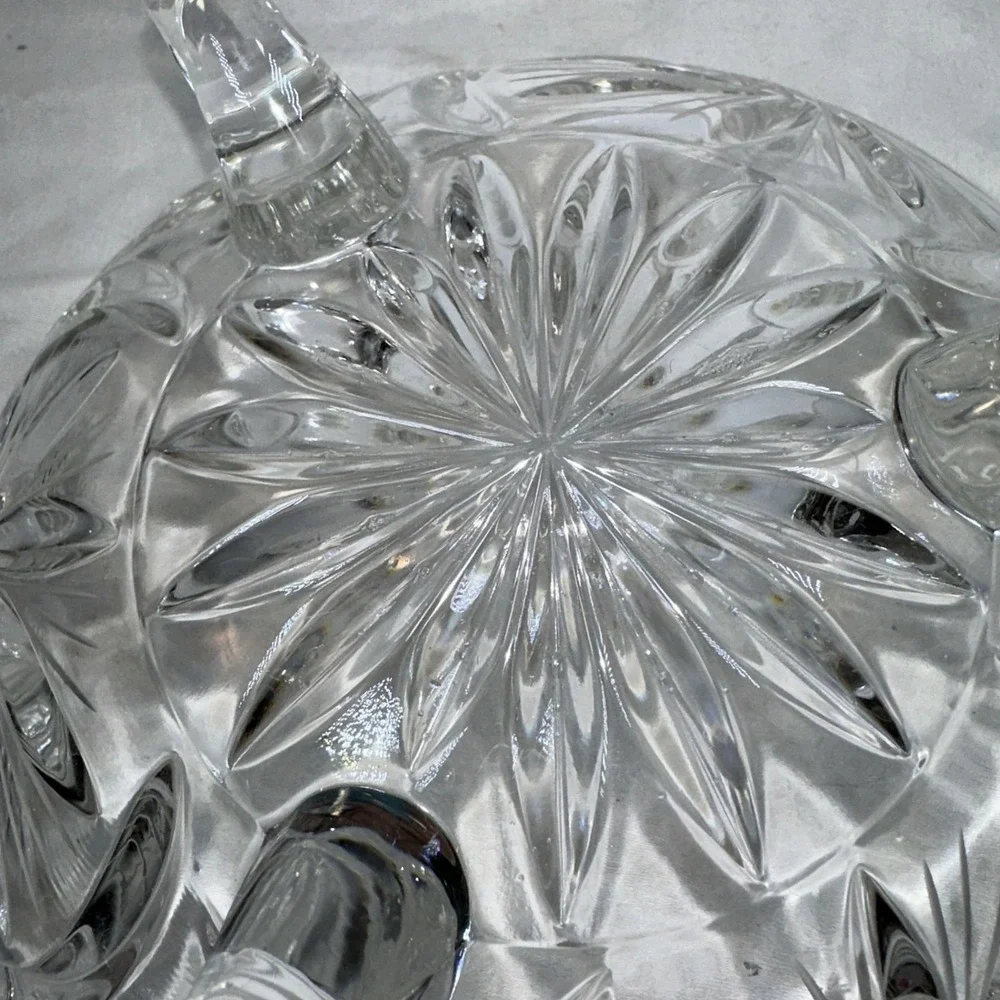 Cut Crystal Glass Round 3-Footed Bowl Hobstar Pinwheel Star Excellent Vintage